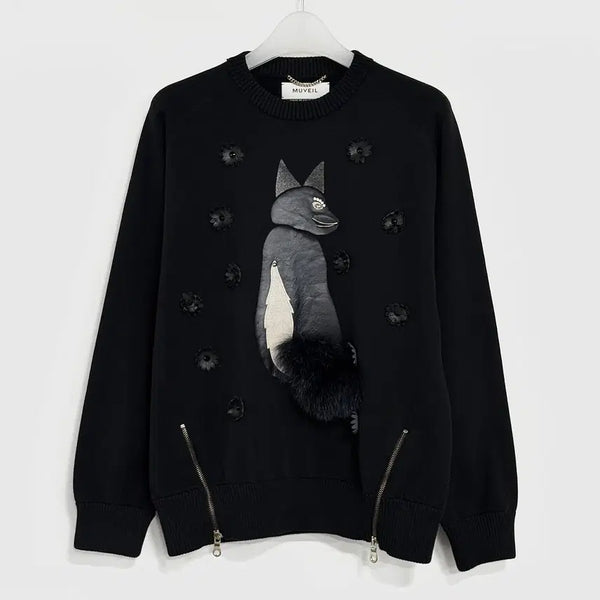 [BUNJANG] MUVEIL Fox Fur Cat Patchwork Knit Sweater / MUVEIL 뮤베르 폭스퍼 캣 니트 스웨터