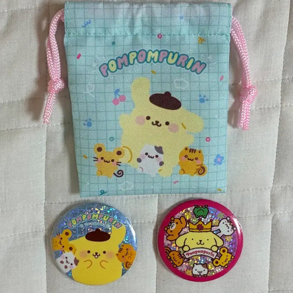 [BUNJANG] Sanrio Pompompurin 30th Anniversary Pouch & 2 Badges Set / 산리오 폼폼푸린 30주년 파우치, 뱃지 2종 세트