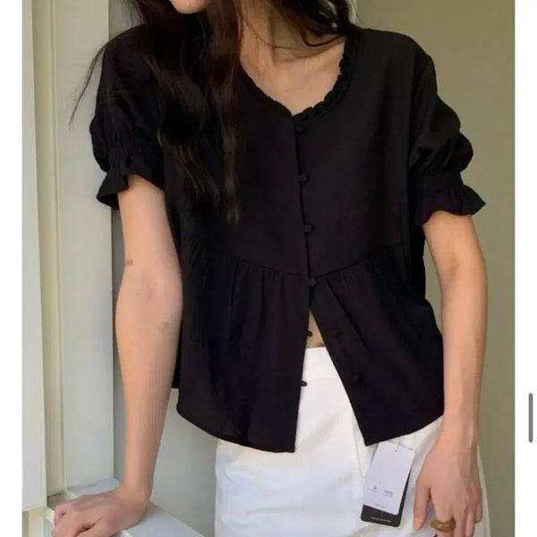 [BUNJANG] Black Short Sleeve Blouse / 블랙 반팔 블라우스