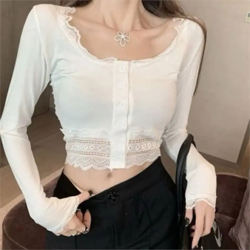 [BUNJANG] White Lace Crop Long Sleeve T-Shirt / 레이스 크롭 티셔츠 발레 상의 커버업