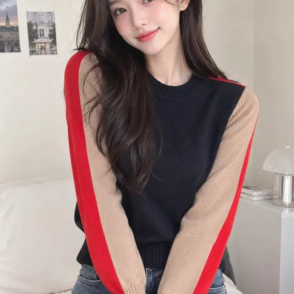 [BUNJANG] Color-Blocked Round Neck Sweater / 배색 스웨터 네이비&베이지&다홍 라운드 스웨터 55