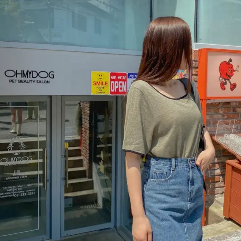 [BUNJANG] Plus Size Linen Square Neck T-Shirt Khaki / 빅사이즈 린넨 스퀘어넥 티 카키
