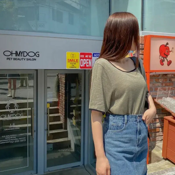 [BUNJANG] Plus Size Linen Square Neck T-Shirt Khaki / 빅사이즈 린넨 스퀘어넥 티 카키