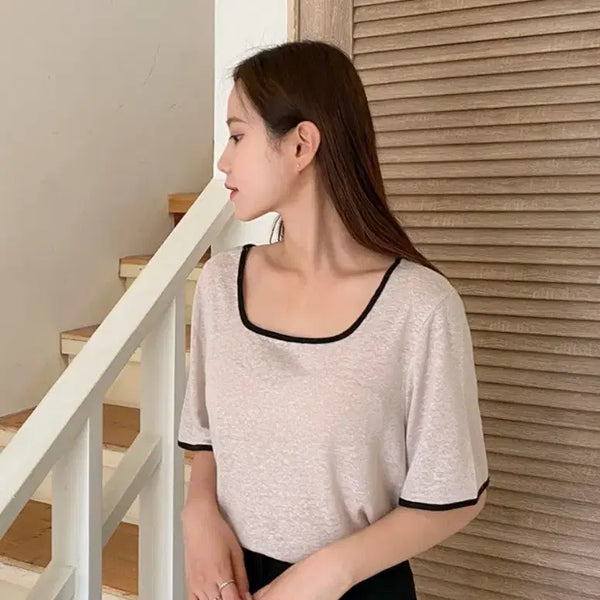 [BUNJANG] Plus Size Linen Square Neck T-Shirt Beige / 빅사이즈 린넨 스퀘어넥 티 베이지