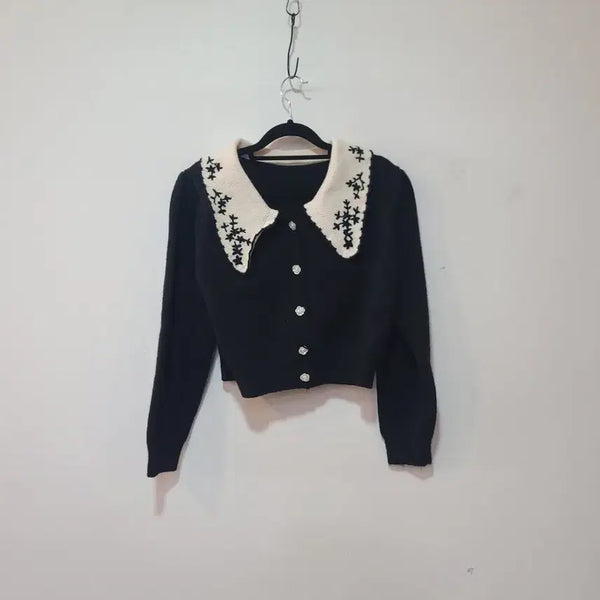 [BUNJANG] Black Collar Knit Cardigan / 블랙 카라 니트 가디건