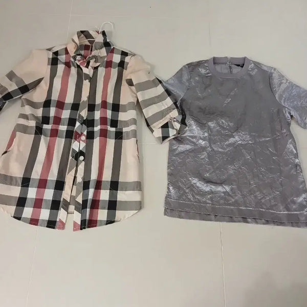 [BUNJANG] Checkered Jacket & Silver Blouse Set / 체크 자켓 + 은색 상의 블라우스 세트 여성