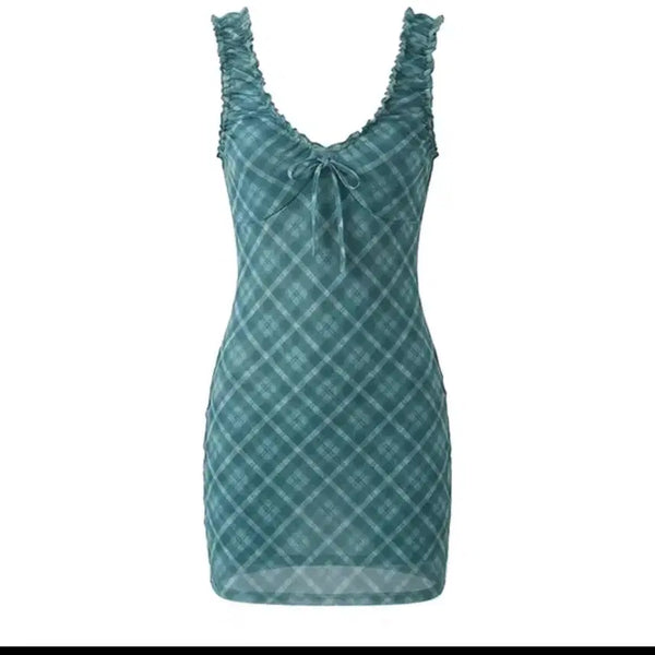 [BUNJANG] Cotton Candy Store Plaid Pattern Sleeveless Mini Dress / 체크 패턴 민소매 원피스 Plaid Pattern V Neck Dress [ 에이블리 코튼캔디스토어]