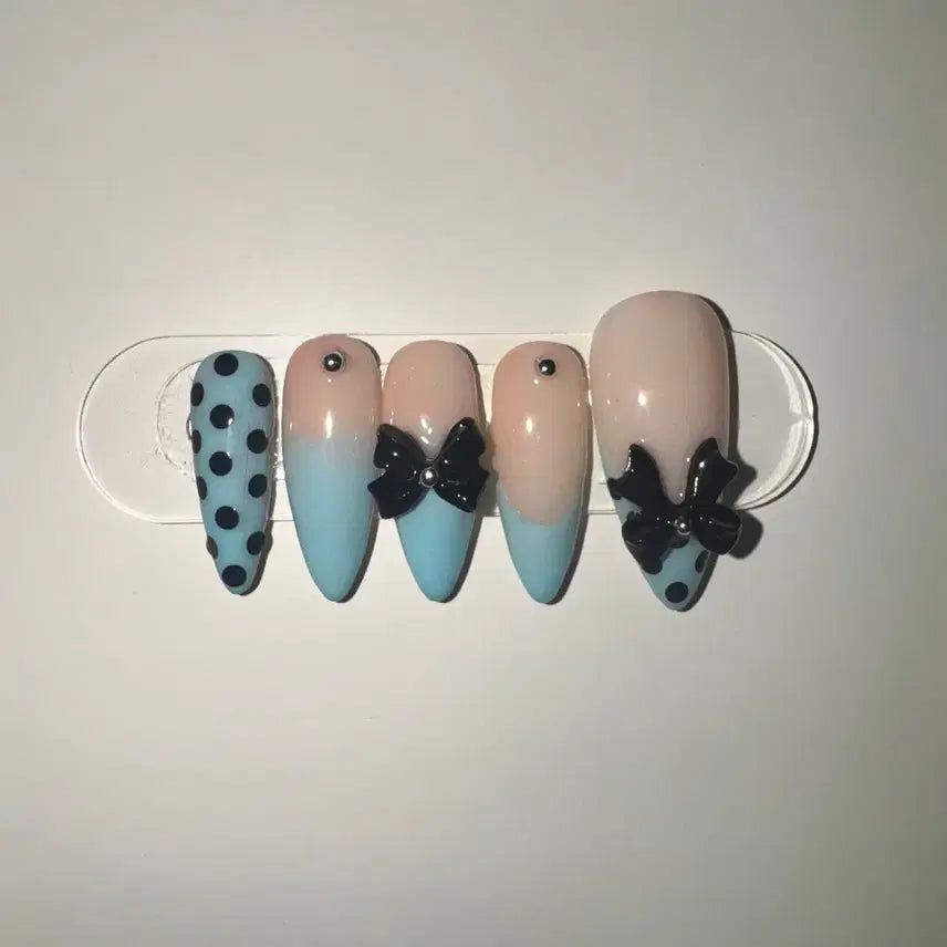 [BUNJANG] Minty Dot Ribbon Nail Tips / 민티도트리본 네일팁