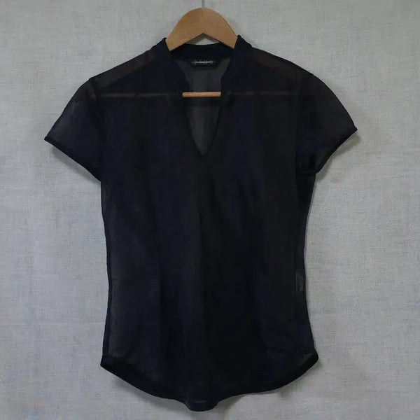 [BUNJANG] TIME (by Hansem) Vintage Sheer V-Neck Short-Sleeve Blouse / 한섬 TIME 타임 정품 시스루 반팔 블라우스 44 마른55 Y2K 아카이브