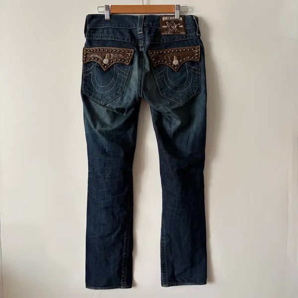 [BUNJANG] True Religion Leather Patch Denim Pants / 트루릴리전 레더 패치 데님팬츠