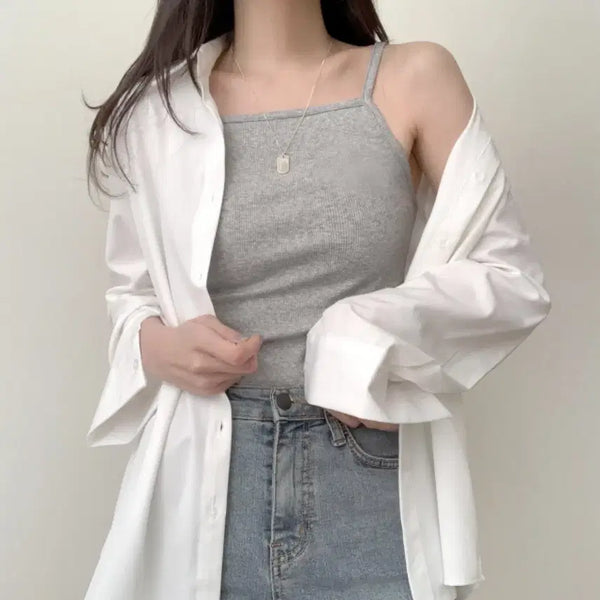 [BUNJANG] Ribbed Strap Tank Top - Grey / 에이블리 골지 끈 나시 그레이