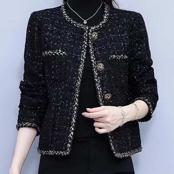 [BUNJANG] Women's Black Tweed Round Neck Jacket with Gold Buttons / 여성 블랙 트위드 배색 금장버튼 라운드 자켓
