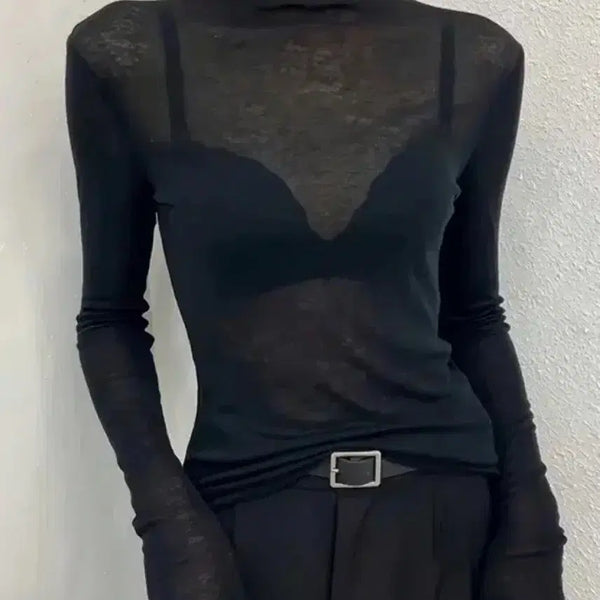 [BUNJANG] Black See-Through Turtleneck Long Sleeve Top / 세일!블랙 시스루 목폴라