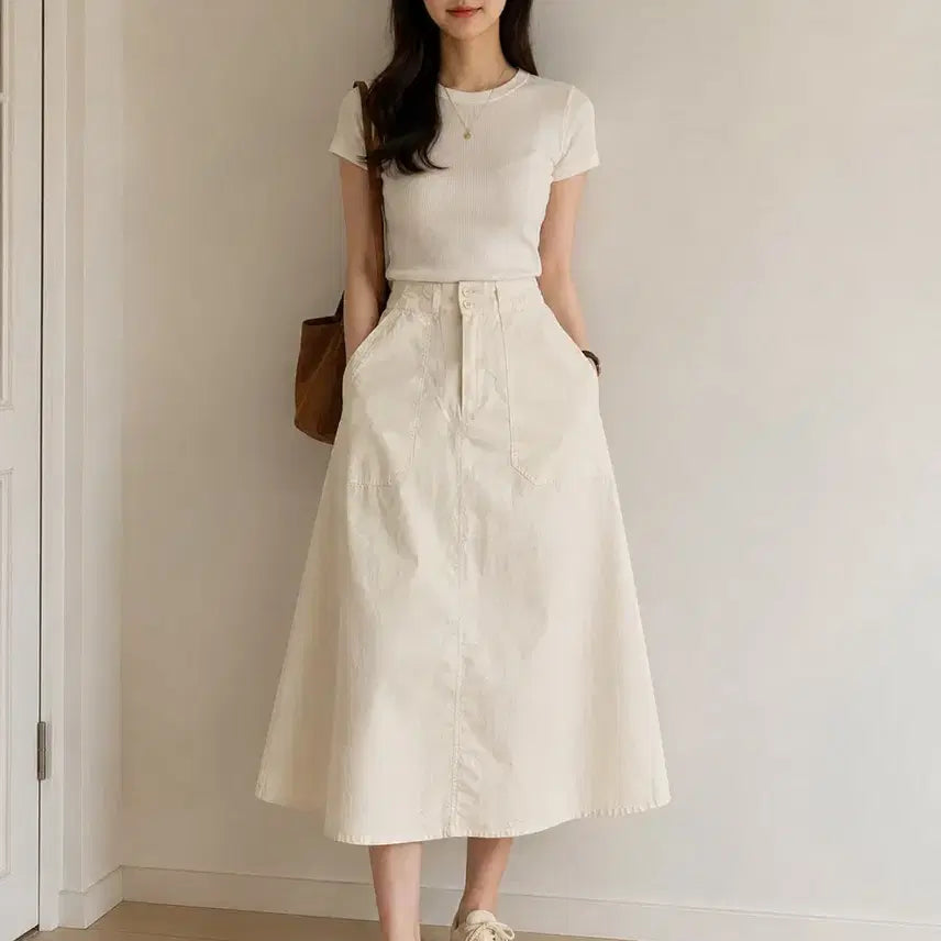 [BUNJANG] 8SECONDS White Button Long Skirt / 화이트 버튼 롱치마 (에잇세컨즈)