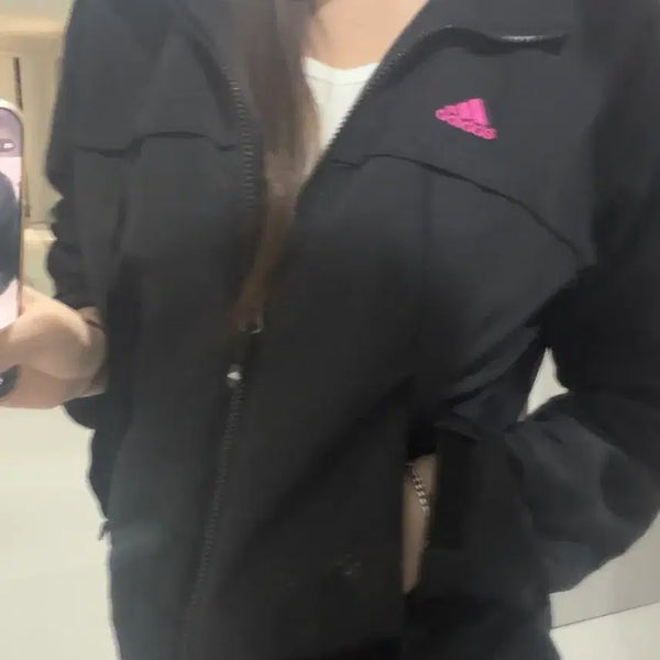 [BUNJANG] Adidas Black Windbreaker Pink Logo / 아디다스 바람막이