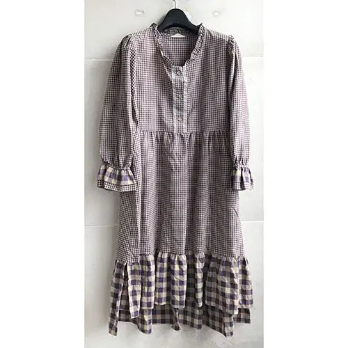 [BUNJANG] Purple Checkered Cotton Blend Midi Dress / 보라잔체크 면원피스 - 77/새거수준