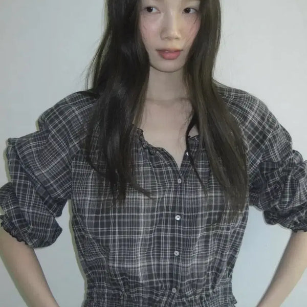 [BUNJANG] Thanat Claire Smoke Check Blouse / 타낫 클레어 스모크 체크 블라우스