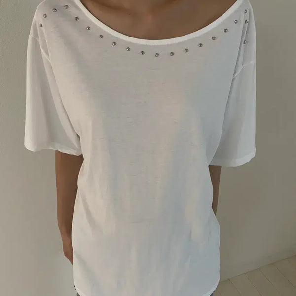 [BUNJANG] White Neckline Studded Short Sleeve T-Shirt / 화이트 넥라인 스터드 반팔 티셔츠