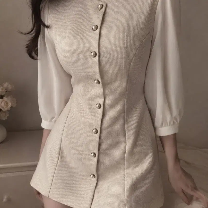 [BUNJANG] Women's Button-Front Dress Ivory to Beige / 여성 단추형 원피스 아이보리~베이지