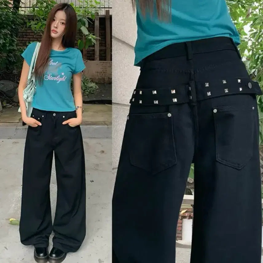 [BUNJANG] Studded Belt Wide Denim Pants Black / 스터드 벨트 와이드 데님 팬츠 블랙 [새상품]