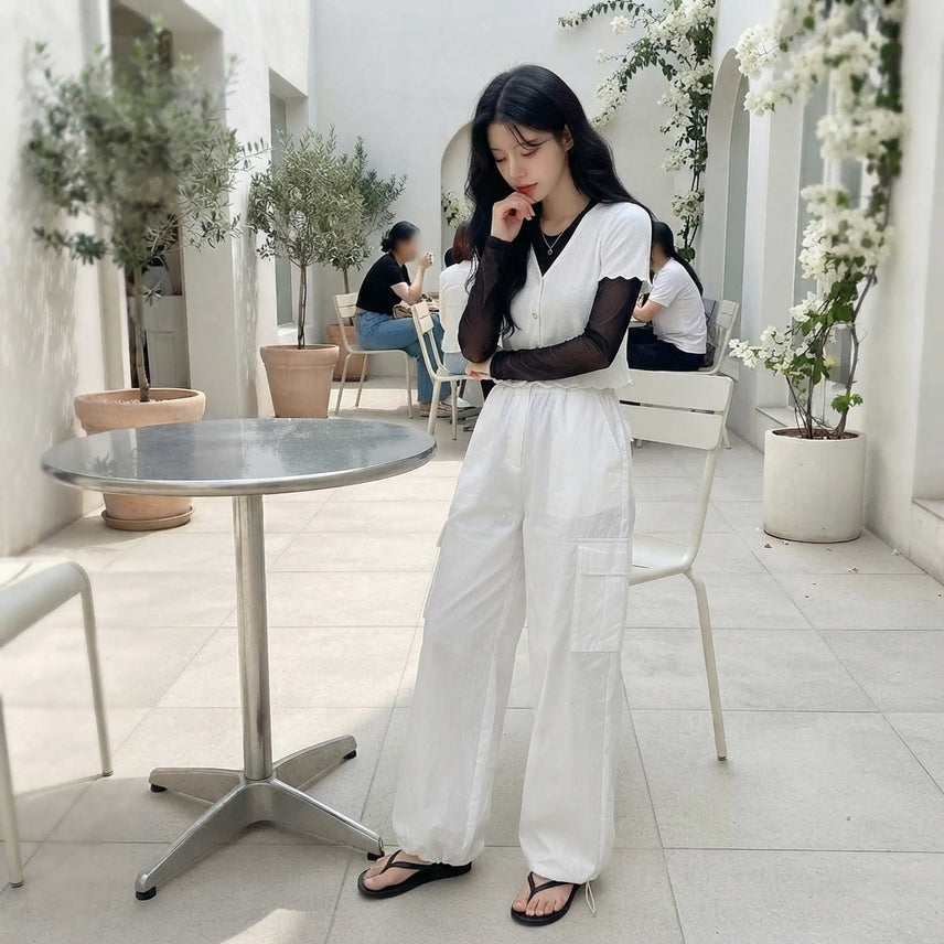 [BUNJANG] Ivory Cardigan + Black See-Through T-Shirt Layered Set / (2set) 반팔 가디건 + 블랙 시스루 티셔츠 레이어드룩 에이블리