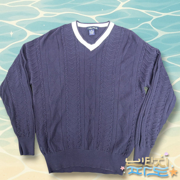 [BUNJANG] Nautica 90s Anchor Pattern V-Neck Knit - Size S / S 90S 노티카 앵커 패턴 브이넥 니트