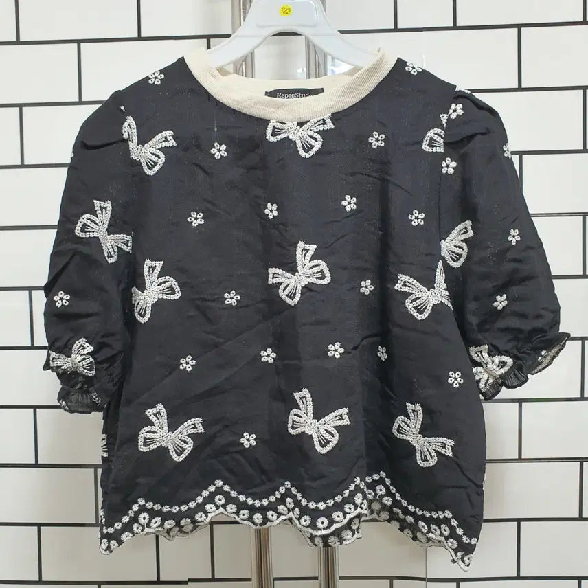 [BUNJANG] Short Sleeve Cropped Blouse / 노-122 반팔 크롭 블라우스