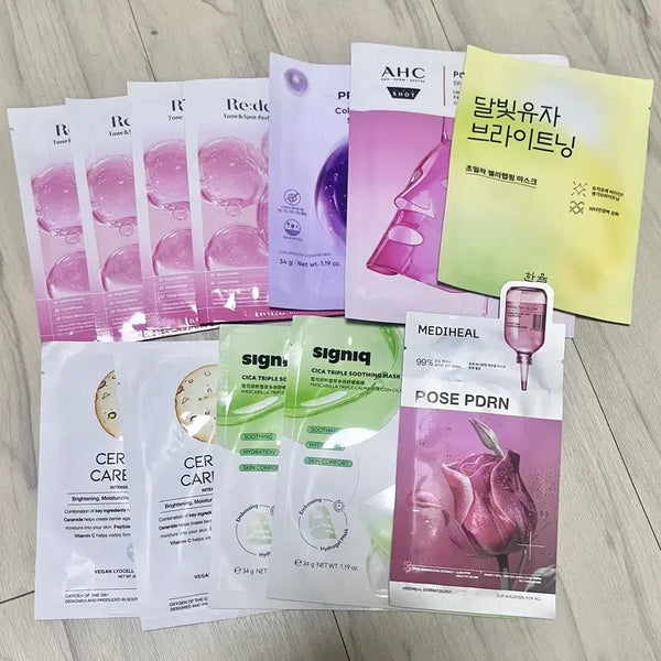 [BUNJANG] Bundle Set of Assorted Korean Sheet Masks (AHC, Mediheal, Bioheal Boh, Lidans, HanAll) / 12개 일괄) AHC 메디힐 시그닉 바이오힐보 리덴스 한율 마스크팩 로즈 PDRN 모공 수분 광채 촉촉 시카