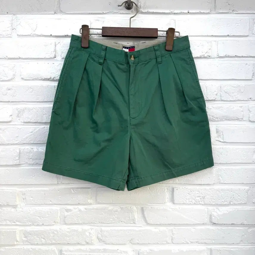 [BUNJANG] Tommy Hilfiger Green Pintuck Cotton Half Pants / 타미힐피거 그린 핀턱 코튼 하프팬츠