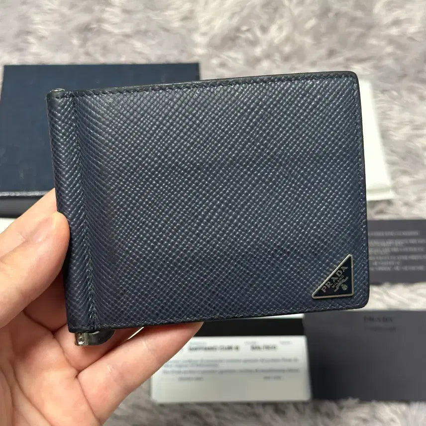 [BUNJANG] Prada Saffiano Triangle Logo Money Clip Wallet Navy / [풀구성] 프라다 사피아노 삼각로고 머니클립 반지갑 네이비