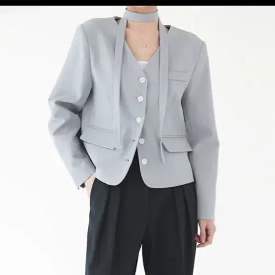 [BUNJANG] V-Neck Collarless Tie Jacket / 브이넥 노카라 타이 자켓