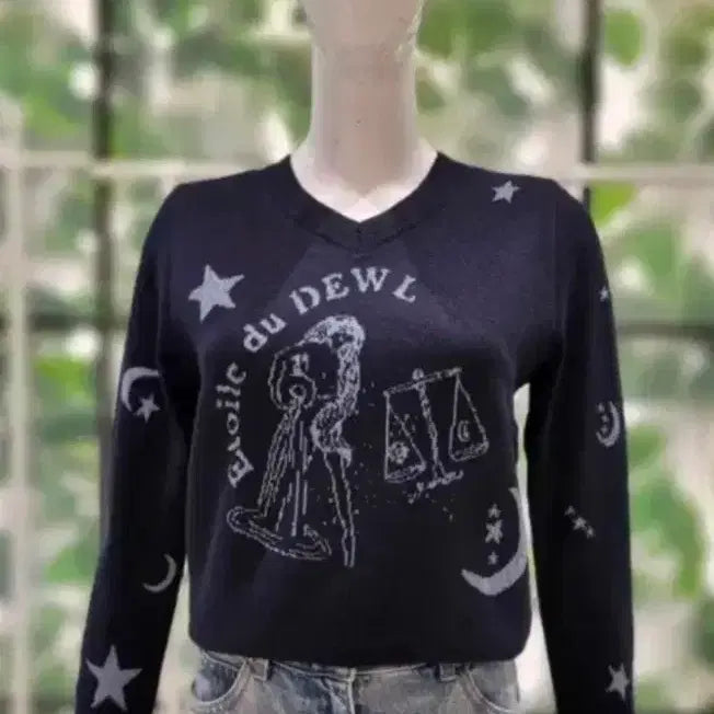 [BUNJANG] DEWL V-Neck Pearl Glitter Star Pattern Wool Blend Knit (Free Size) / 듀엘 브이넥 펄 글리터 별 패턴 모혼방 니트 free사이즈(55~66사이즈) 새제품 네이비컬러