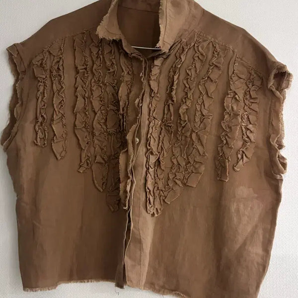 [BUNJANG] Frill Sleeveless Blouse Brown Linen / 프릴 민소매 블라우스 브라운