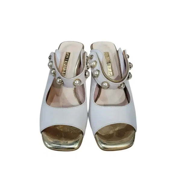 [BUNJANG] Miso-pe White Ankle Strap Pearl Embellished Sandals / 미소페 발목 등 스트랩 화이트 샌들