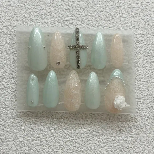 [BUNJANG] Mintcore Handmade Lace Nail Tips / 민트코어 레이스 수제 네일팁