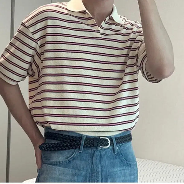 [BUNJANG] Time Homme Striped Collar T-shirt / 타임옴므 스트라이프 카라티 25시즌