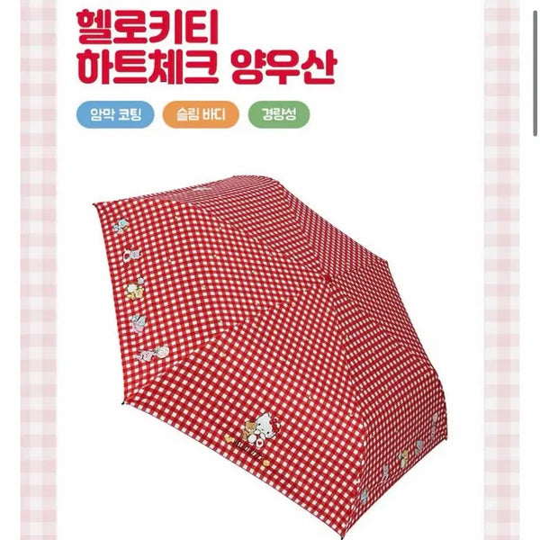 [BUNJANG] Hello Kitty 3-Section Slim Umbrella - Red Heart Check Pattern / 헬로키티 3단 슬림 50 하트체크 양우산 레드 판매합니다!!