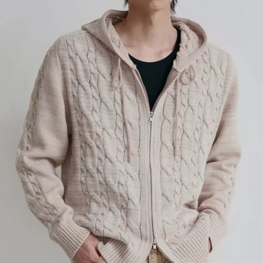 [BUNJANG] Nodeu Mix Cable Knit Hood Zip-Up (Beige) / 노드유 믹스 케이블 니트 후드 집업 (베이지)