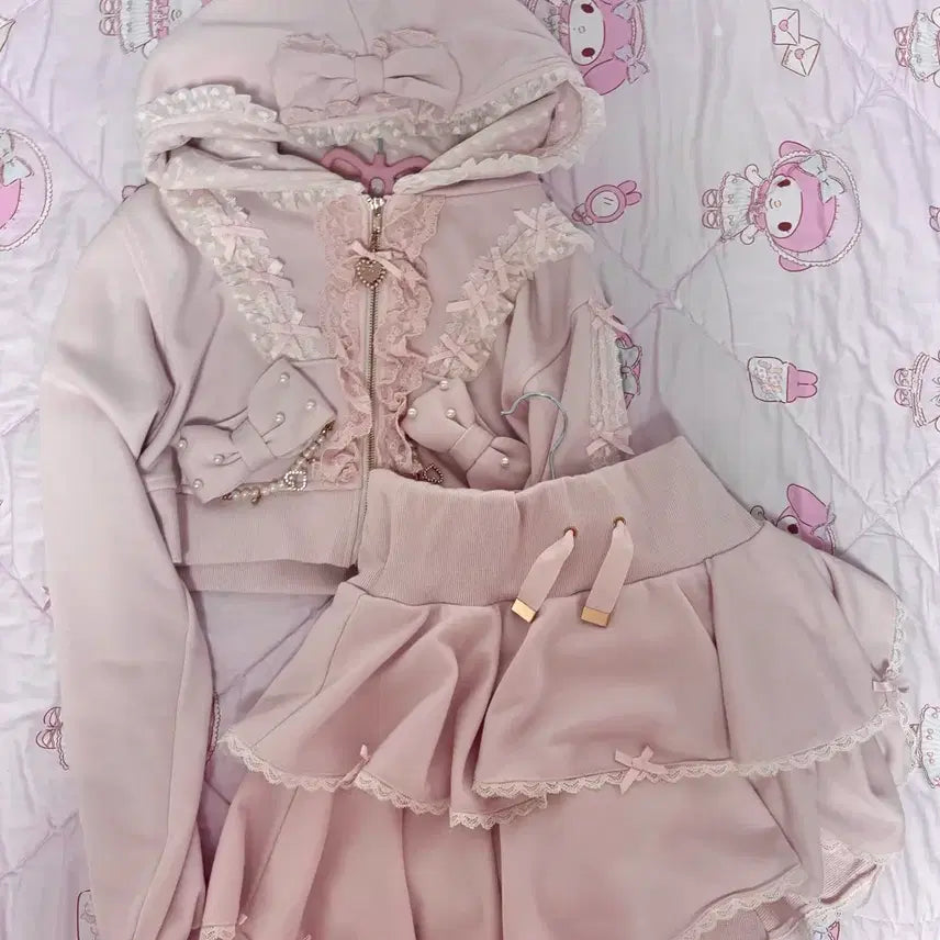 [BUNJANG] Lizlisa Ribbon Hoodie Setup Pink / 리즈리사 lizlisa 리본 파카 후드 양지뢰 양산형 셋업 핑크