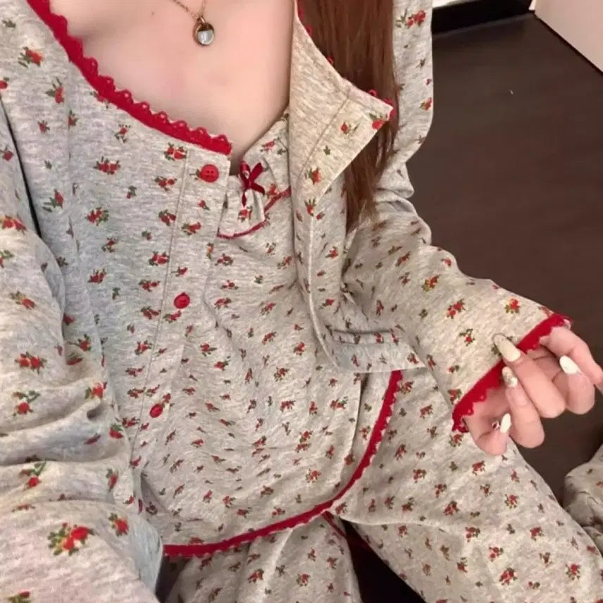 [BUNJANG] 3 Piece Red Floral Pattern Pajama Set / 3pcd 레드 잔꽃 패턴 잠옷 세트