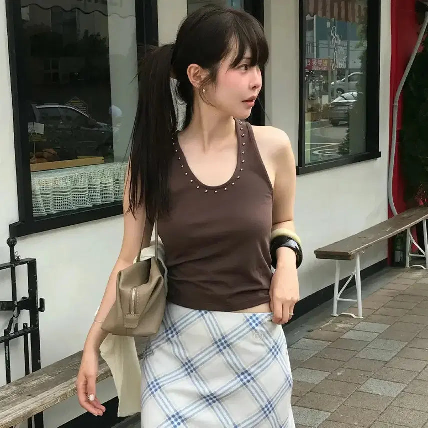 [BUNJANG] KIJUN Stud U Neck Tank Top Brown / [M] KIJUN 기준 스터드 넥 탱크탑 나시 브라운