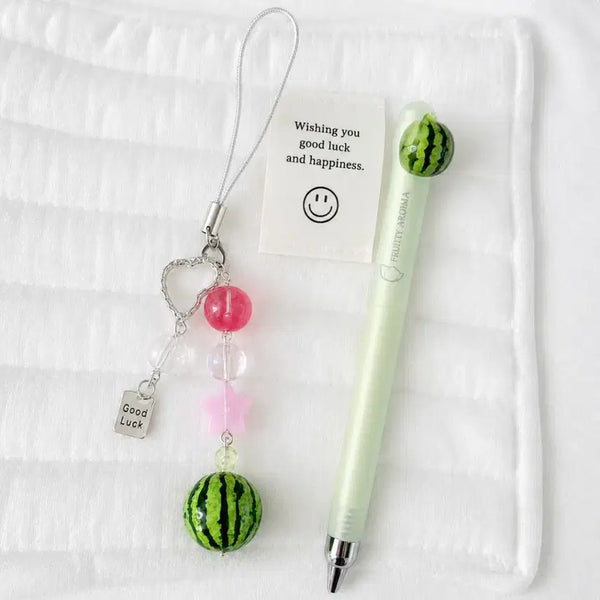 [BUNJANG] Watermelon Charm Phone Strap & Gel Pen Set / 수박 젤펜 + 핸드폰줄