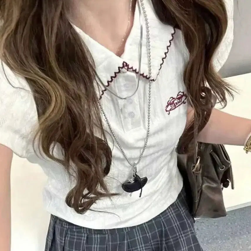 [BUNJANG] Ably White Collar Short Sleeve Blouse T-shirt / 에이블리 카라 반팔 블라우스 화이트 티 쉬인