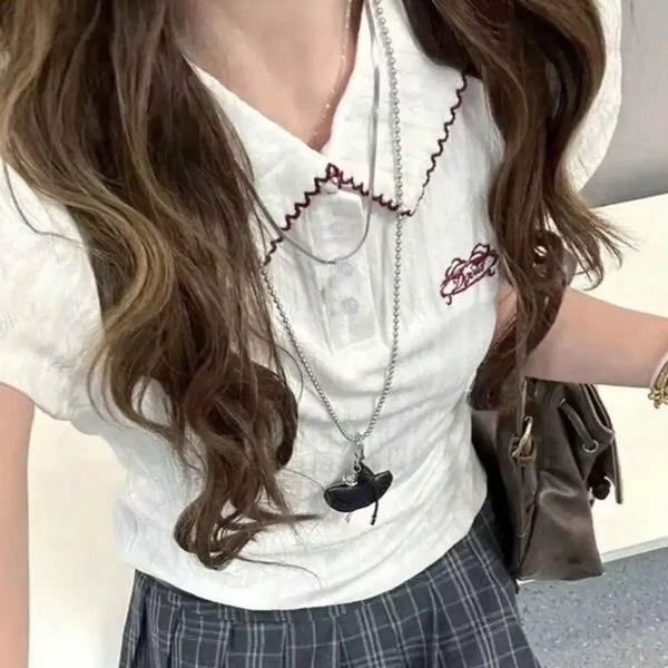 [BUNJANG] Ably White Collar Short Sleeve Blouse T-shirt / 에이블리 카라 반팔 블라우스 화이트 티 쉬인