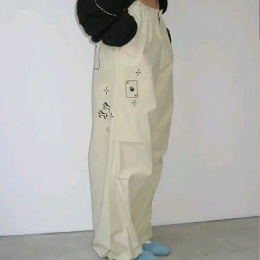 [BUNJANG] DRAWING STITCH PARACHUTE PANTS BEIGE / 론론 카고 팬츠