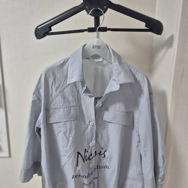 [BUNJANG] NICE CLAP Sky Blue Lettering String Detail Shirt Blouse / 나이스크랍 블라우스