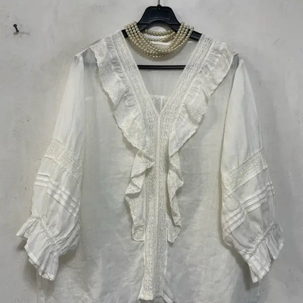 [BUNJANG] Linen Blend Ruffle Lace Trim Blouse / 특가새)N6959 레이스배색 프릴 린넨 블라우스.아방