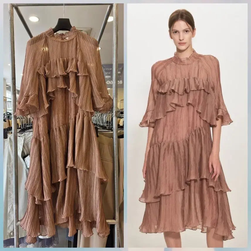 [BUNJANG] Mock Neck Pleated Ruffle Panel Dress / 타임  플리츠러플패널모크넥원피스  (랑방 오브제 모조 샤틴 st