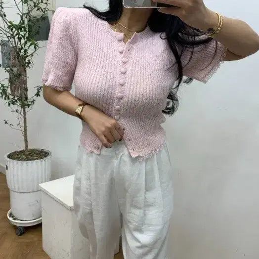 [BUNJANG] Bibikong Button Cardigan Pink Free Size / 벨201 비비 콩 단추 가디건 엔돌핀 엔티크제이 진바니 파미아베크 제이핏
