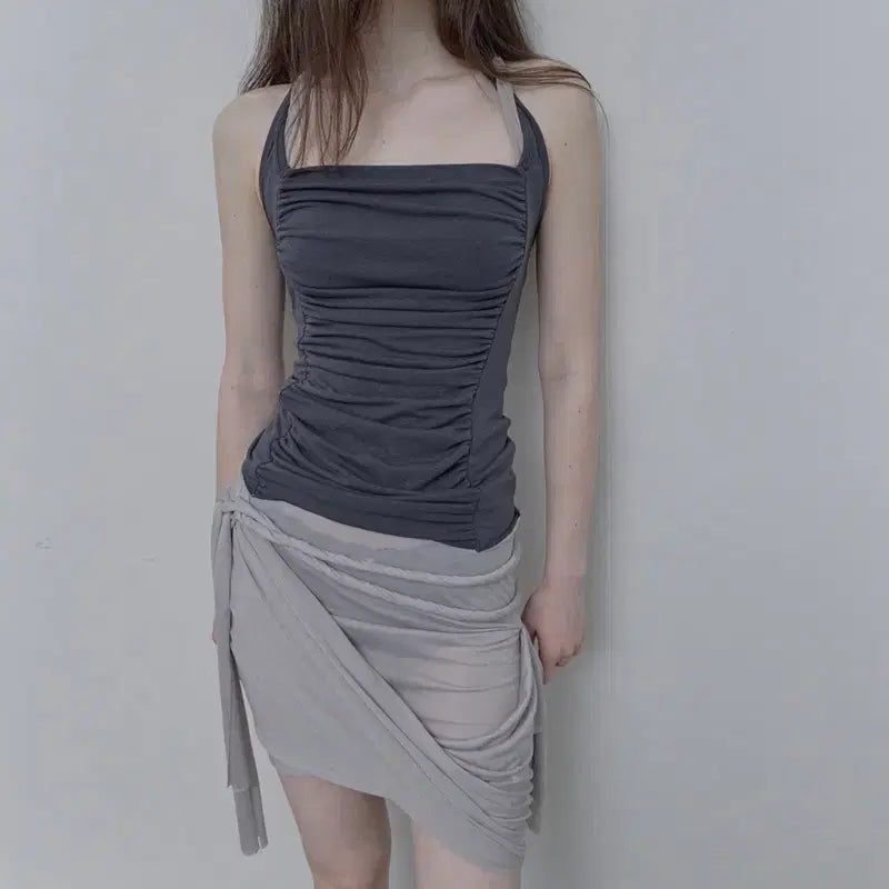 [BUNJANG] Philce Mixed Drape Sleeveless Navy / 필세 Mixed drape Sleeveless, Navy